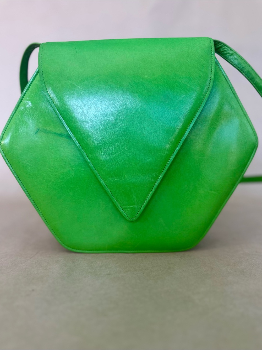 VTG 80s Charles Jourdan Paris Green Leather Hexagonal  Rare Geometric bag